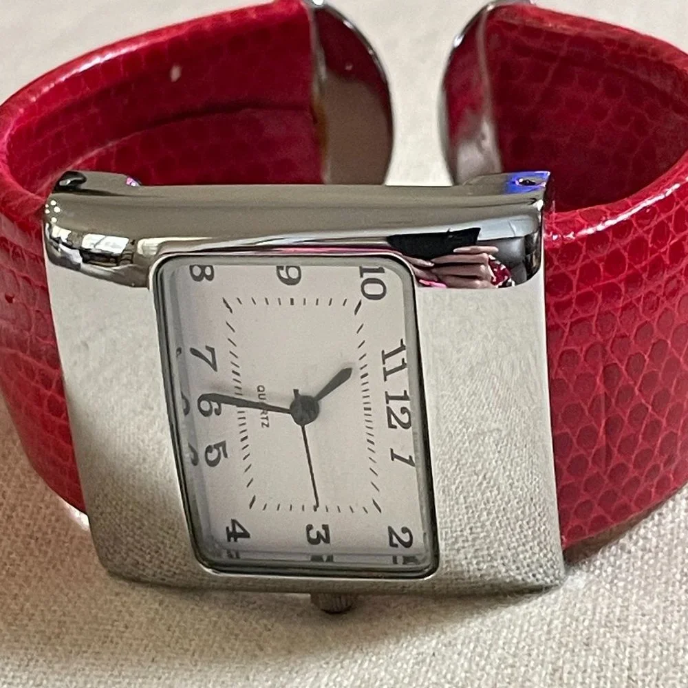 Quartz Movement Red Band Ladies Cuff Watch - Picture 8 of 11